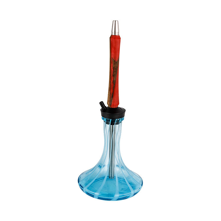 Голубой узорчатый стеклянный пом + нержавеющая сталь Красная металлическая трубка Кальян с одним отверстием 56см